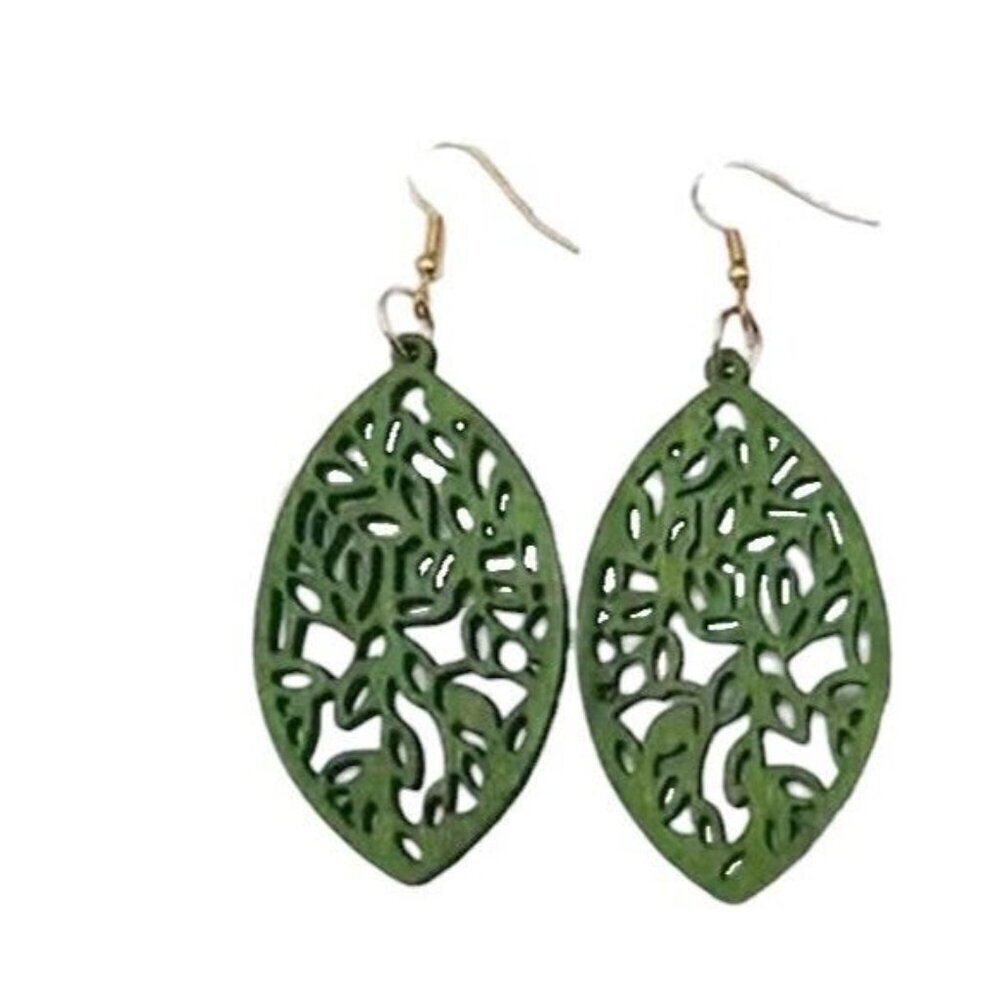 WOOD Cut Out GREEN Earrings Filagree Unique Artistic LIGHTWEIGHT Dangle Jewelry